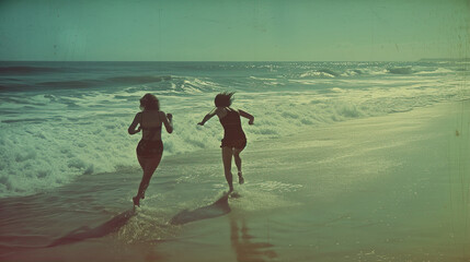 Two children are running along a sandy beach by the sea.
