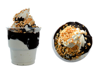 Panoramic still life of colorful frozen fruit granita drinks flowing in plastic takeaway cups with ice cream straws taste.