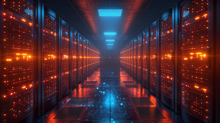 Rows of servers symbolizing data security and future of information storage