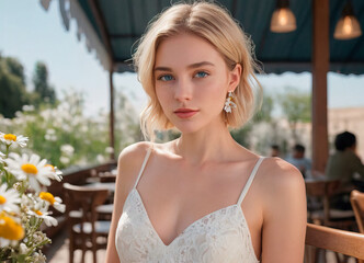 Café Serenity: Angelic Beauty in White Dress