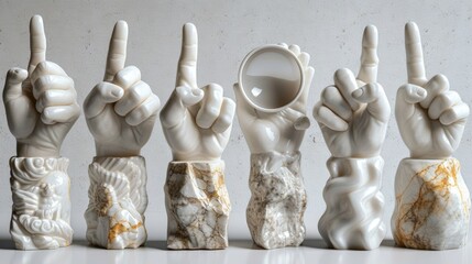 Three dimensional hands showing gestures as ok, peace, thumb up, point to an object, shaka, rock, holding magnifying glass, writing isolated on white background. Contemporary art, creative collage.
