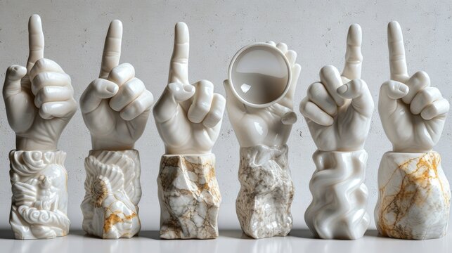 Three dimensional hands showing gestures as ok, peace, thumb up, point to an object, shaka, rock, holding magnifying glass, writing isolated on white background. Contemporary art, creative collage.