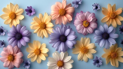 Yellow and purple flowers on pastel blue background. Spring, easter concept. Flat lay, top view, copy space.