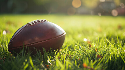 A leather football in a grassy setting, captures the spirit of quiet luxury in sport, ideal visual for promoting luxury sporting goods,  for use in content related to exclusive outdoor sports events.