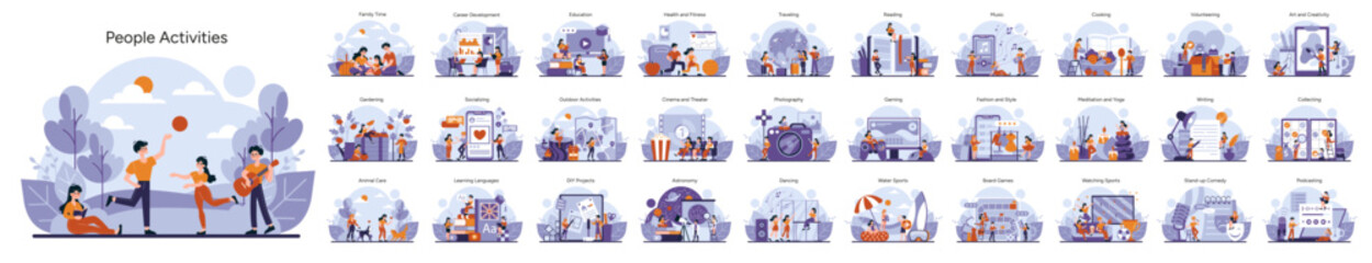 People Activities set. A diverse collection captures individuals and families immersed in hobbies and tasks from gardening to podcasting, enhancing everyday life. Vector illustration