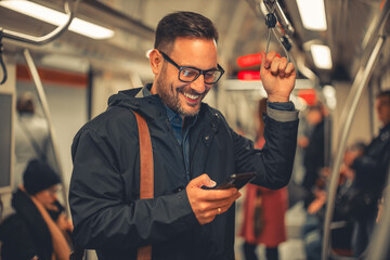A smiling mid adult businessman with glasses using his smart phone while taking a train ride