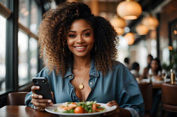 Girl in a restaurant taking photos of food with the smartphone to generate content on social media