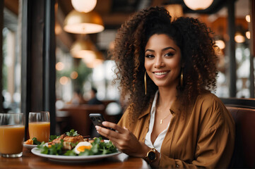 Healthy food influencer girl in a restaurant creating content with her mobile - Powered by Adobe
