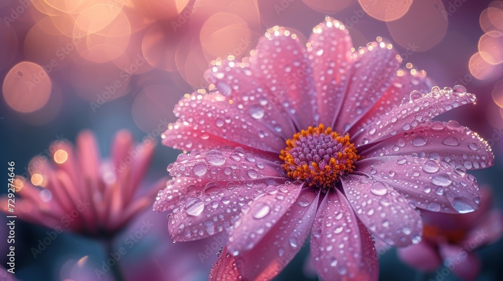 Poster it's summer time or spring time. beautiful wildflowers with dew drops at dawn, light blur, selective