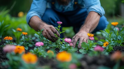 Fototapeta na wymiar The gardener is planting flowers