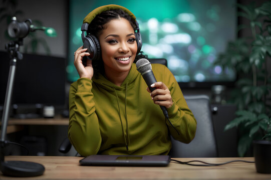 Content creator girl in home audio studio recording a podcast or streaming a live show