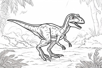 Velociraptor Dinosaur Black White Linear Doodles Line Art Coloring Page, Kids Coloring Book