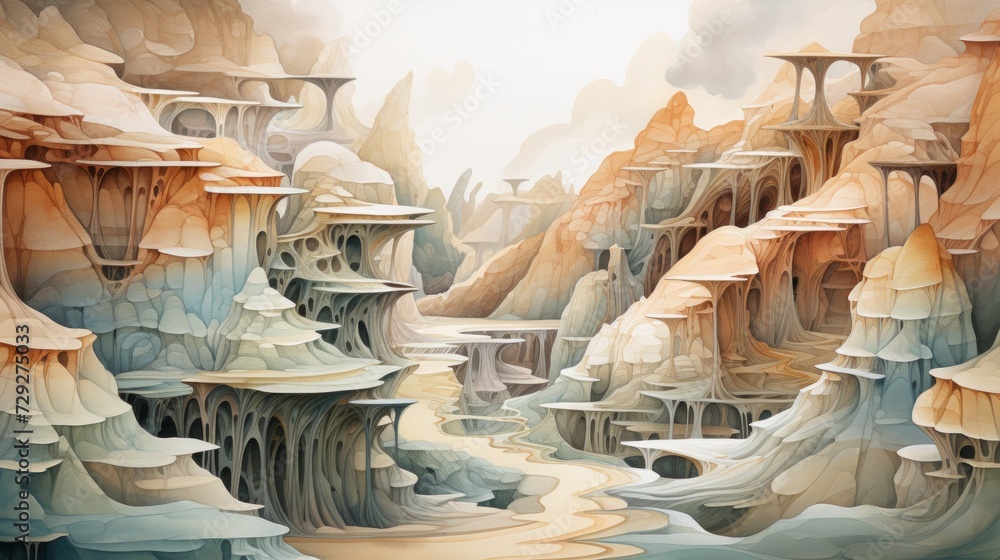 Poster surreal canyons with intricate formations. aquarelle generative ai