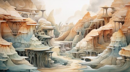 Surreal canyons with intricate formations. aquarelle Generative AI