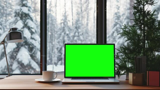 Laptop with replaceable chroma key screen on desk before wide window with winter forest sight, looped footage