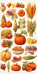 Thanksgiving-themed grocery art sticker collection featuring pumpkins, cranberries, and seasonal vegetables in atmospheric watercolor tones with loose linework details Generative AI