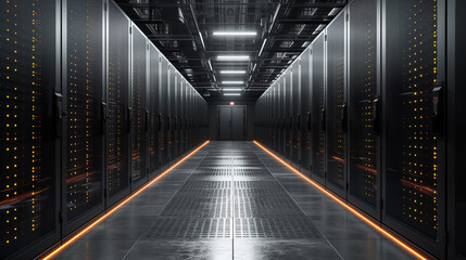 Rows of servers creating a celestial atmosphere in secure data center