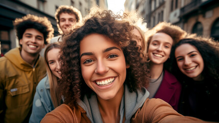 Fototapeta premium Cheerful Multicultural Students Making Selfie Outdoors, Group Of Young People Having Fun And Looking At Camera, Point Of View, Education Concept