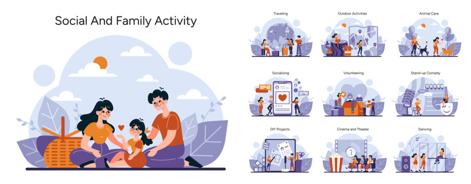 Social and family activities set. Joyful moments from travel to DIY, encompassing outdoor fun, caring for pets, and engaging in the arts. Captures leisure and bonding. Vector illustration