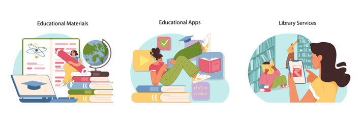 Learning essentials set. Different people using educational materials, interactive applications for studying, and library services enhancing academic experiences. Flat vector illustration