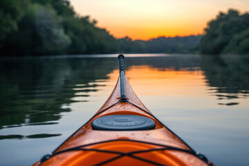 carbon fiber paddle in a minimalist kayak on a river at sunset, perfectly conveying the quiet luxury of water sports, for upscale outdoor equipment marketing, tranquil adventure travel features