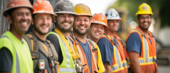 Group of jovial construction workers in safety gear pose together on site