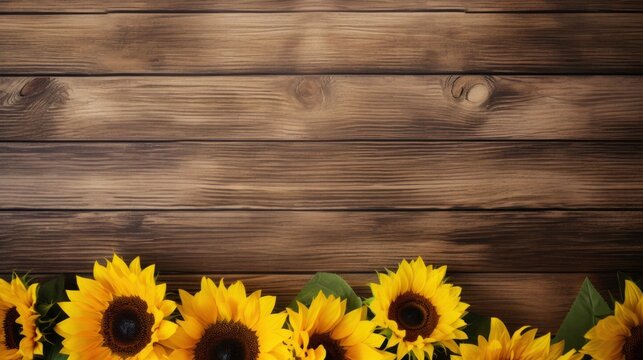 Border of decorative sunflowers on wooden background, Space for text
