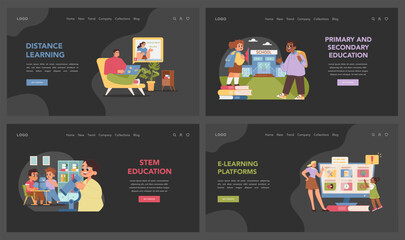 Modern education set. Various people study. Engaging scenes of distance learning, e-learning platforms, and online courses, illustrating versatility of contemporary education. Flat vector illustration