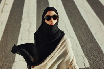 fashionable woman in hijab and sunglasses striding across a zebra crossing