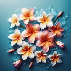 Plumeria flowers on a blue water background. Top view, flat lay