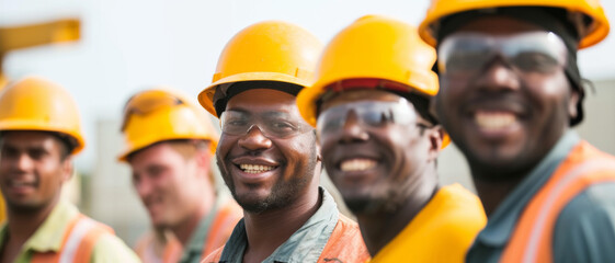Group of construction workers in safety gear share a joyful camaraderie on the job site