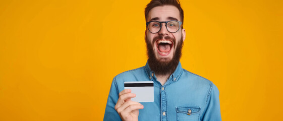 Ecstatic young man with glasses holding a credit card, vividly expressing joy and excitement
