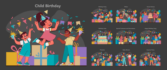 Child birthday set. Vibrant display of joyous birthday celebrations. Kids of various ages celebrate an have fun. Laughter and games, cake indulgence, and unwrapping delights. Flat vector illustration