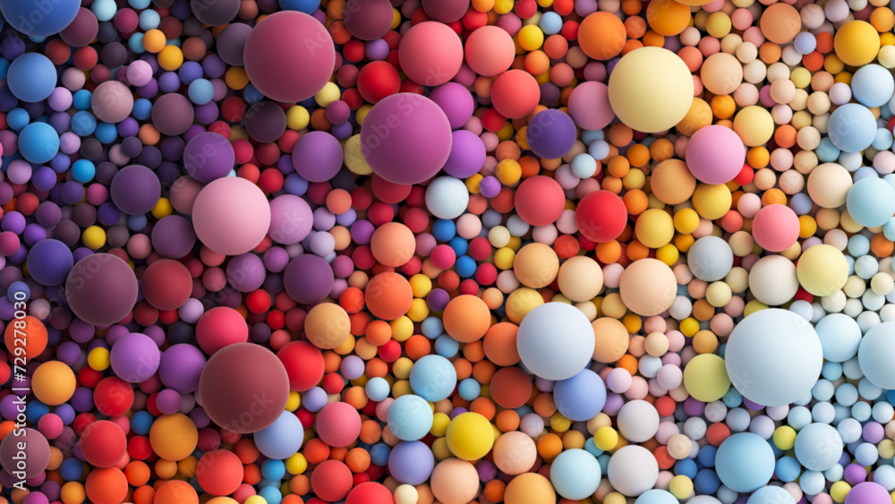 Poster colorful matte soft balls in bright summer tones and different sizes. vector 3d background with many