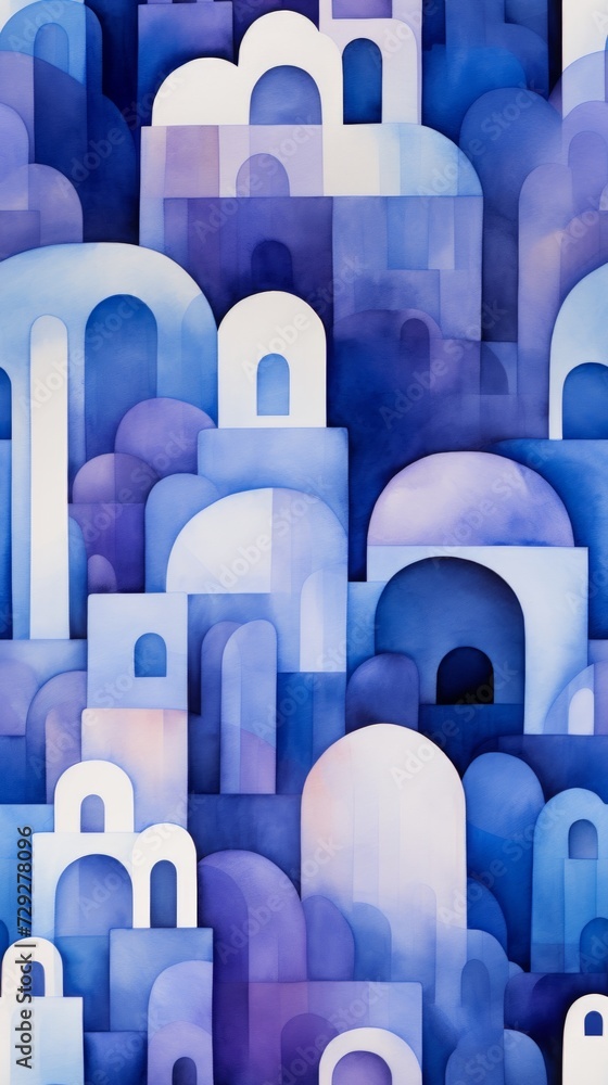 Poster Watercolor artwork featuring Italian monastery architectural elements within an asymmetrical design Generative AI