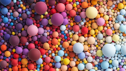 Colorful matte soft balls in bright summer tones and different sizes. Vector 3d background with many chaotic colored big and small spheres. Flat lay with lots of different colored orbs or bubbles