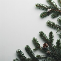 Spruce twigs, empty space for text on a white background. Top view, flat lay