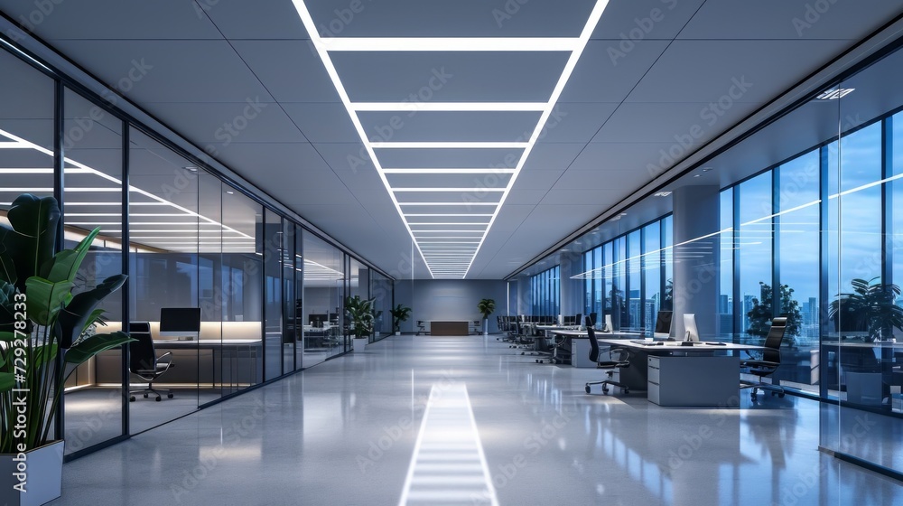 Poster Well-lit office environment with rows of overhead LED bulbs, providing ample lighting for a focused and efficient workplace setting Generative AI