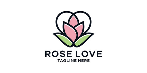 logo design combination of rose with love, minimalist line logo design.