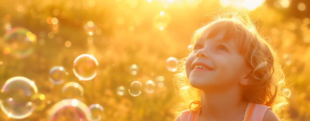 Young child smiling joyfully at dreamy floating soap bubbles during golden hour, bokeh effect. Concept of childhood and making memories.