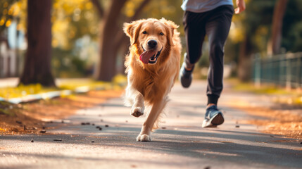 Golden retriever joyfully running with owner, pet exercise concept.