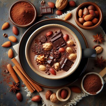 top view hot chocolate with nuts cocoa powder