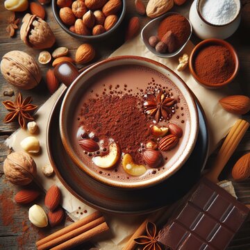 top view hot chocolate with nuts cocoa powder