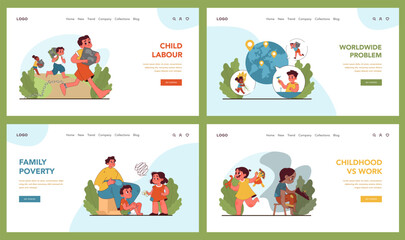 Fototapeta premium Child labor set. Juxtaposing carefree play with labor, highlighting health concerns and family poverty. Evoking call for change. Fight for children rights and freedom. Flat vector illustration