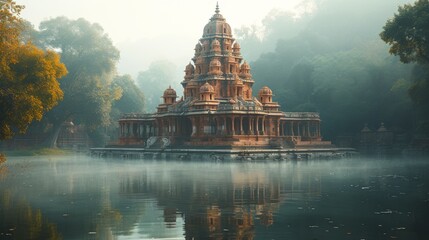 Ancient Temple in a Tranquil Setting, a serene shot of an ancient temple nestled in a peaceful landscape, showcasing the timeless beauty of architectural heritage. - obrazy, fototapety, plakaty