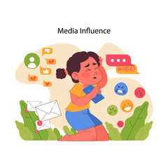 Media influence concept. Young girl overwhelmed by social notifications, emoticons, and messages, reflecting digital age challenges. Stressed by excessive online presence. Flat vector illustration