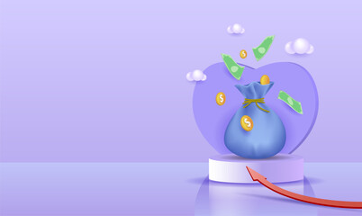 A bag of money on the podium. Banking, earnings, profits and money savings.
 It's time to make money.
3d vector illustration
