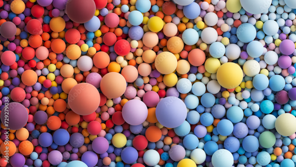 Poster vector 3d background with many colored big and small random spheres. colorful matte soft balls in br