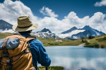 backpacker with a hat pausing to view a mountain lake