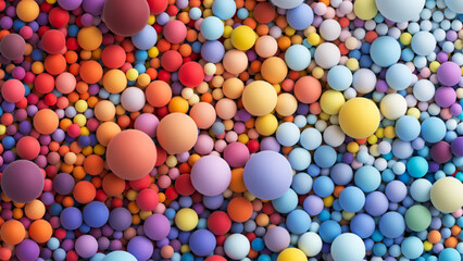 Vector 3d background with many colored big and small random spheres. Colorful matte soft balls in bright summer tones and different sizes. Flat lay with lots of different colored orbs or bubbles